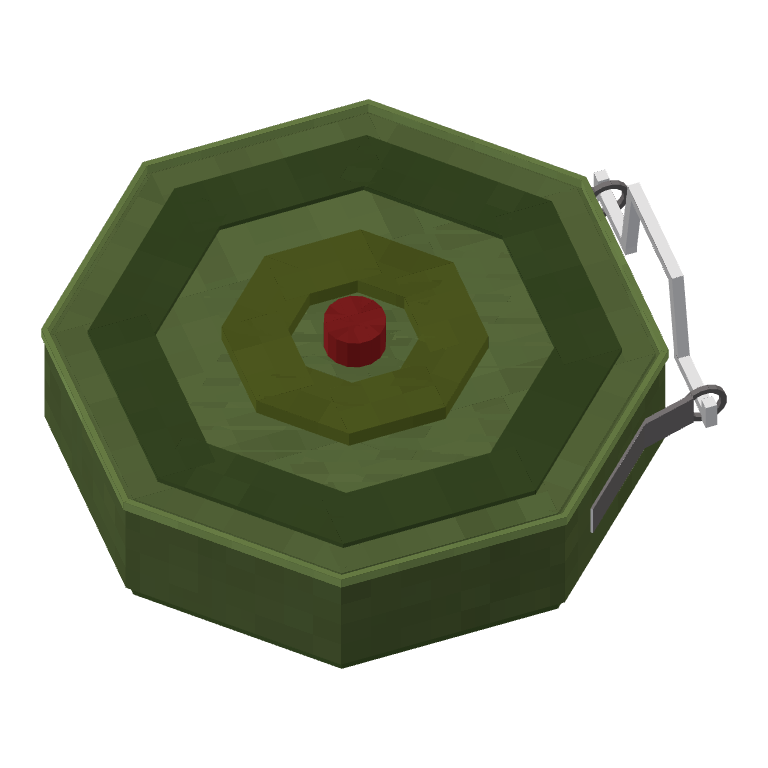 Landmine: a flat green octagonal mine with a red trigger in the middle