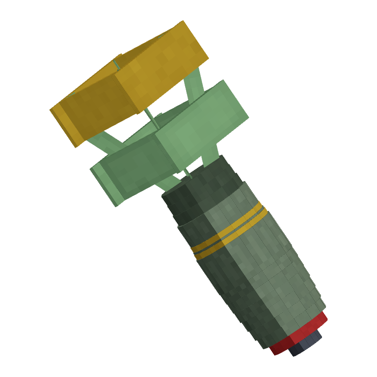Nuclear Bomb: a large green warhead with yellow fins and a red nose