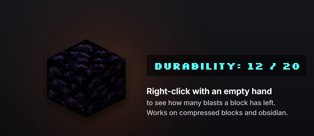A block of Compressed Obsidian with the action bar reading Durability: 12 / 20, and the instruction to right-click with an empty hand