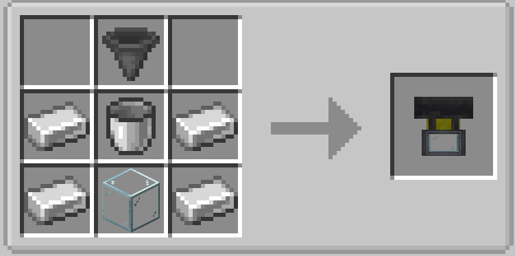 Rain Collector crafting recipe: a hopper in the top middle; iron ingot, bucket, iron ingot in the middle row; iron ingot, glass, iron ingot in the bottom row