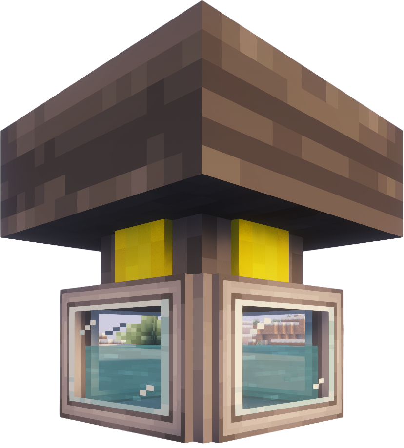 The Rain Collector block: a wide roof on a short column above a glass tank partly filled with water
