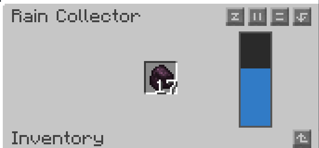 The Rain Collector menu: 17 Activated Charcoal in the filter slot, and a water gauge on the right showing the tank partly full