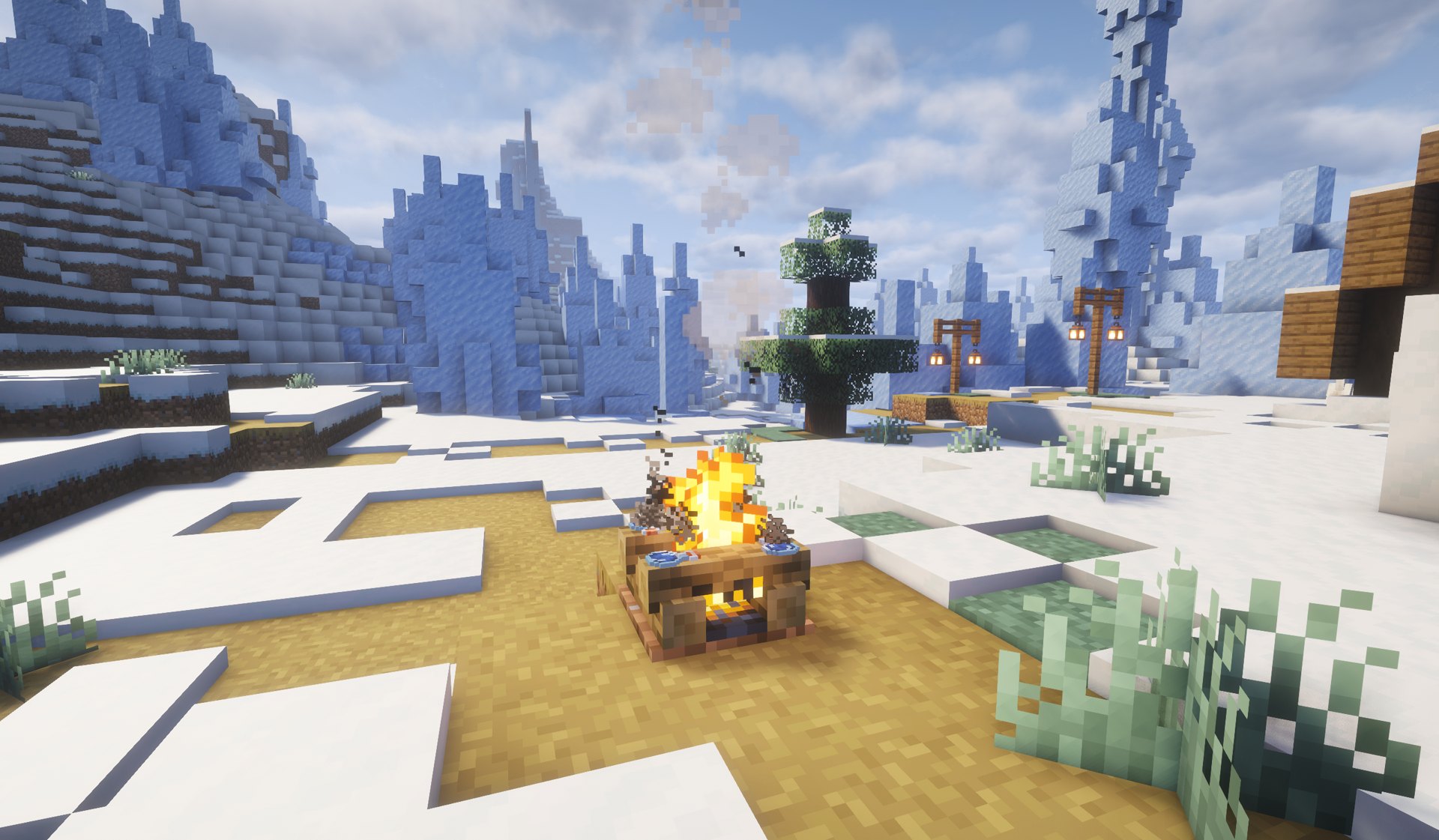 In-game screenshot of a campfire in a snowy biome with water cooking on it